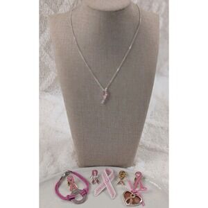 Breast Cancer Awareness Jewelry Lot Pink Ribbon Necklace‎ Pins Bracelet Hope